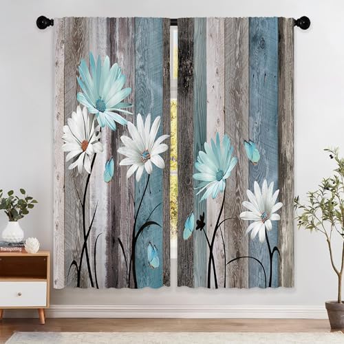 Laifzere Teal Farmhouse Daisy Curtains, Wooden Flower Window Curtains 52x84 Inch for Bedroom Living Room Decor, Rustic Flo...