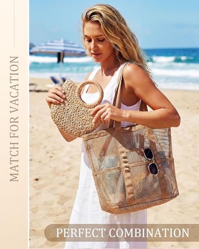 Shinylin 2 Pcs Beach Bags for Women, Straw Clutch Purse & Summer Large Mesh Beach Tote Bag, Woven Envelope Straw Travel Bag