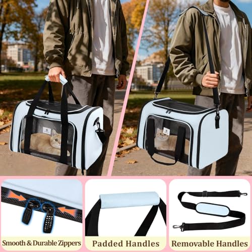 DSDCDJ Cat Carrier - Cat Carrier Soft with Plush Pad & Cooling Mat, Easy-Load 4-Side Zipper & 3-Side Mesh Ventilation, Pet...
