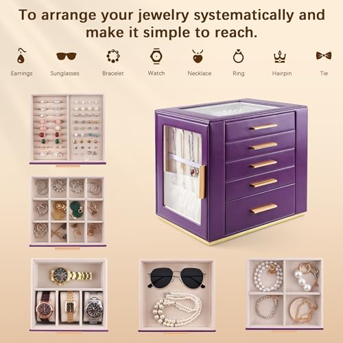 Homeanda Jewelry Box for Women with Glass Lid, 5 Drawers Jewelry Organizer and Storage for Necklaces, Rings, Earrings, Bra...