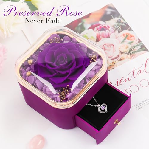 Beferr Birthday Gifts for Women Preserved Real Rose with Necklace Eternal Purple Roses Forever Flowers for Delivery Annive...