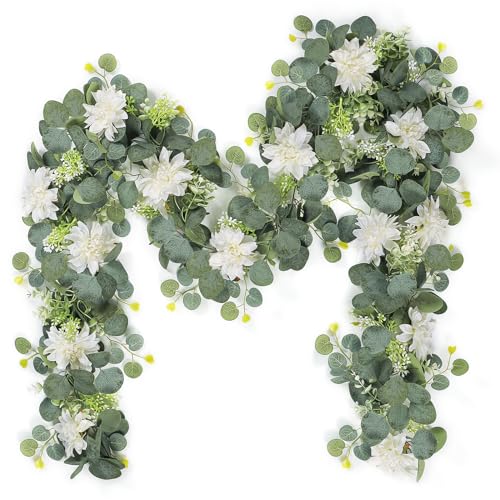 Dremisland Artificial Flowers Garlands 2 Pack 12Ft Artificial Eucalyptus Garland with Dahlia Flower Hanging Flowers Vines ...