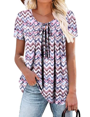 BETTE BOUTIK Womens Summer Tops Corded Short Sleeve Tunic Shirts Pleated Crewneck Corded Tops Blouses S-3XL