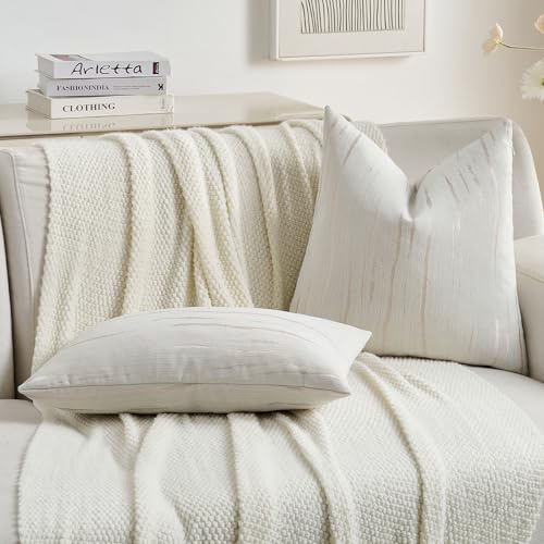 FUTEI Cream Chenille Decorative Throw Pillow Covers 18x18 Inch Set of 2,Soft Embossed Striped Textured Cushion Case,Modern...