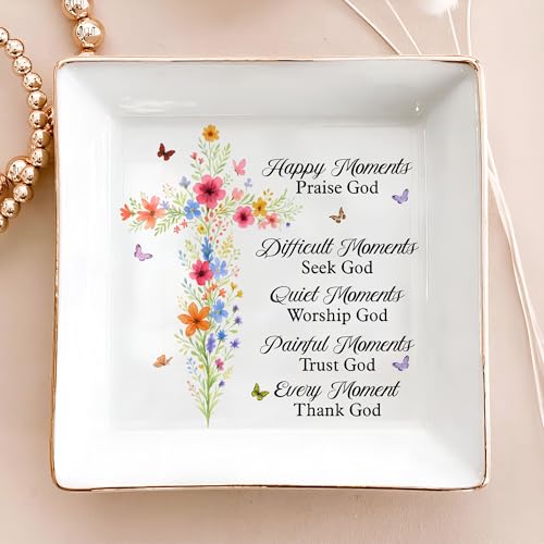 Christian Gifts for Women, Faith Inspirational Gifts - Floral Cross 4" Jewelry Dish, Religious Gift for Mom, Sister, Daugh...
