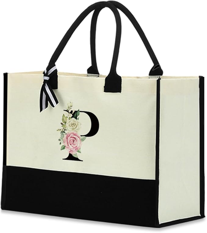 Monogrammed Tote Bags Floral Letter Initial Bag Personalized Beach Bag Monogrammed Gifts for Women Bridesmaids Wedding