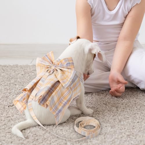 Potchen 4 Pcs Cute Plaid Dog Dress Set with Bow Tie Harness & Leash for Small Dogs, Puppy Clothes for Girls Outfits(S,Ligh...