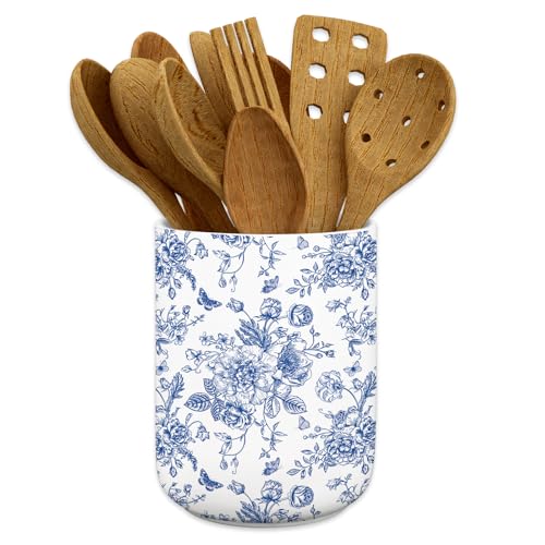 JarThenaAMCS Chinoiserie Floral Ceramic Utensil Holder Blue Flower Butterfly Utensil Crock for Home Kitchen Countertop Sto...