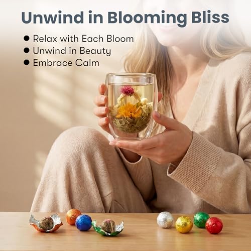 Blooming Tea Gift Set with Double-Walled Glass Teacup, 8 Handcrafted Flowering Tea Balls, Artisan Green Tea and Flower Var...