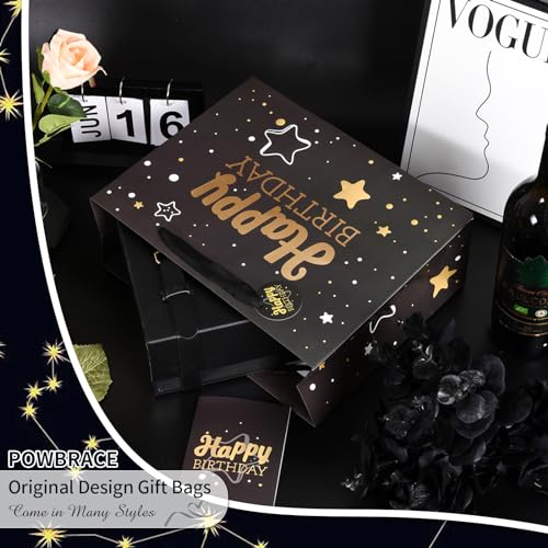 Powbrace Black Birthday Gift Bag with Tissue Paper and Greeting Card, 13'x10.2'x4.9', Medium (1-Piece Set, Black Starry Sk...