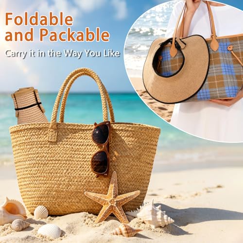 Sun Hats Visor for Women, UV UPF Straw Beach Hat Foldable Wide Brim Ponytail Summer Hats Packable Travel