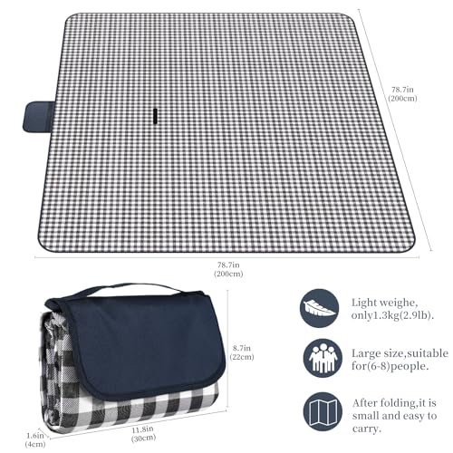 GUSUWU Picnic Blanket Waterproof Beach Rug 80''x80'' Picnic Mat Washable Lightweight with Handle Navy Blue Checkered for H...