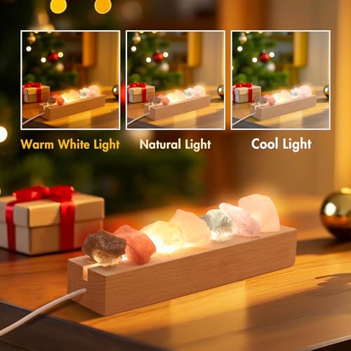 HYAMVOR Healing Crystal Night Light,7 Chakra Stones Bedside Lamp,Mood Light with Wooden LED Light Base,Healing Stones Posi...