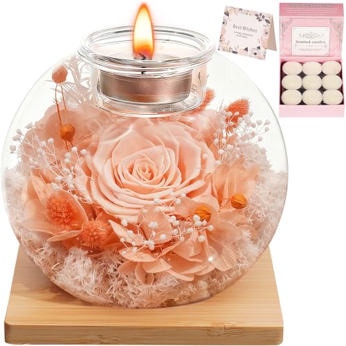 Eternal Preserved Real Rose, Glass Dome Gift Set with 18 Scented Candles (9 Rose,9 Bergamot), Mother's Day Valentine Chris...