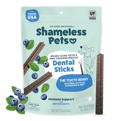 Shameless Pets Blueberry & Mint Dental Chews for Dogs, 8 Chews - Natural Dog Teeth Cleaning Treats with Fresh Breath Benef...