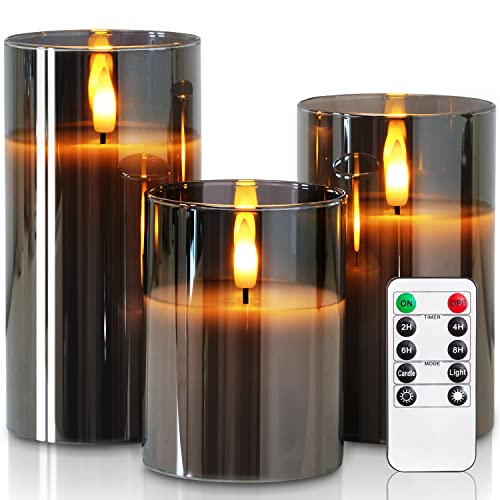 Homemory Grey Glass Flameless Candles, Battery Operated LED Pillar Candles with Remote Control and Timer, Radiance Candle...