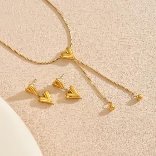 VceTd Vintage Y-Shape Necklace with Double Heart/Flower Earrings Set, 18K Gold Plated Stainless Steel Romantic Jewelry Gif...
