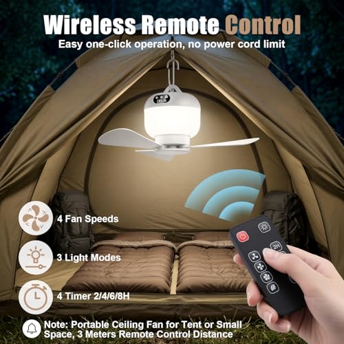 Camping Fan with Light & Remote, Portable Ceiling Fan Wireless Rechargeable Tent Fan with 4 Speeds,3 Light Modes,Timer, Ba...