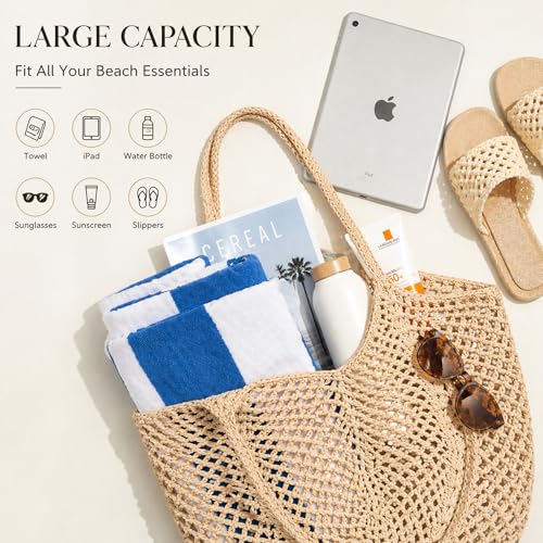 MBBEST Crochet Beach Bag for Women, Boho Mesh Knit Tote Purse, Handmade Cotton Summer
