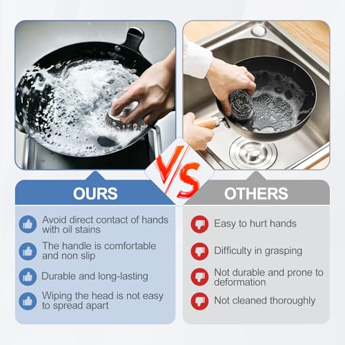 10Pcs Steel Wool Scrubber, Steel Wool Pads with 2Pcs Handle, Stainless Steel Scrubber for Dishes, Kitchen, Cleaning, Stove...