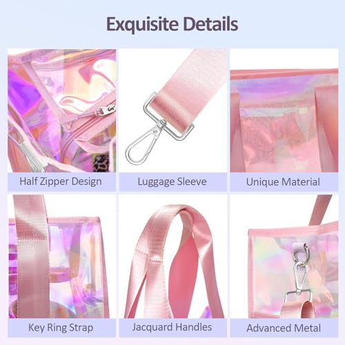 Beach Bag 26L Large Iridescent Waterproof Beach Tote Bag for Women with Zipper & Phone Pouch Sand/Tip-Proof Crossbody