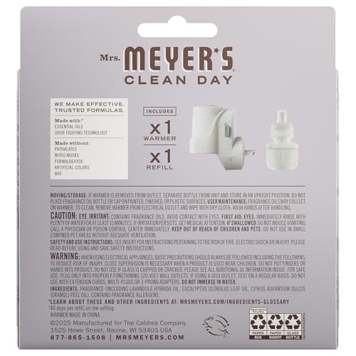 MRS. MEYER'S CLEAN DAY Premium Scented Oil Diffuser Kit, Lavender, 1 warmer and .67 fl oz refill