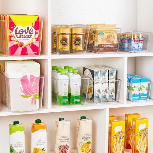 YIHONG 6 Pack Clear Pantry Organizer Bins, Plastic Containers with Handle for Kitchen,Freezer,Cabinet,Closet,Bathroom Unde...