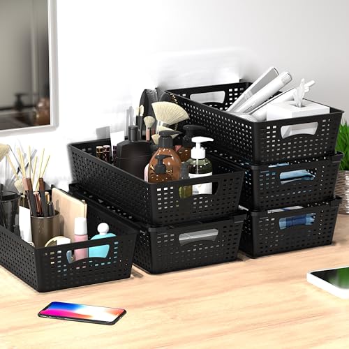 Simple Houseware Stackable Plastic Woven Basket Organizer, 6 Pack, 14.5" x 8.5" x 3.5", Black