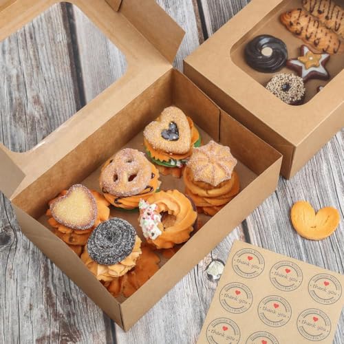 YEKTFS 24 Pcs Cookie Boxes with Window for Paper Gift Giving Brown Bakery Gift Boxes 9 x 6.3 x 3 Inch, Easy Estate Holiday...