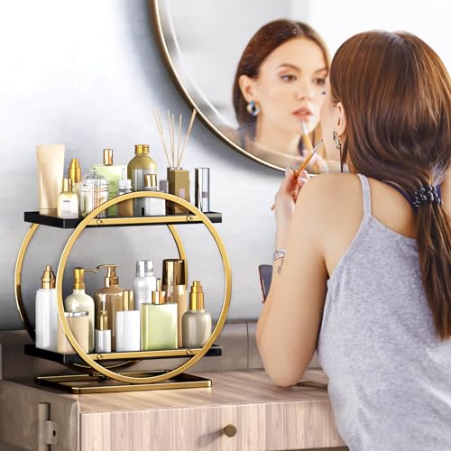 YIWANFW Makeup Organizer for Vanity, Black Gold Perfume Organizer for Dresser, 2-Tier Bathroom Countertop Organizers, Bath...