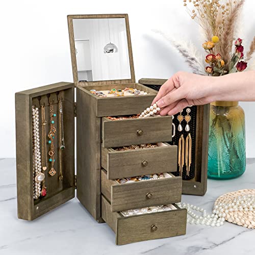 Meangood Jewelry Box Wood for Women, 5-Layer Large Organizer Box with Mirror & 4 Drawers for Rings, Earrings, Necklaces, V...
