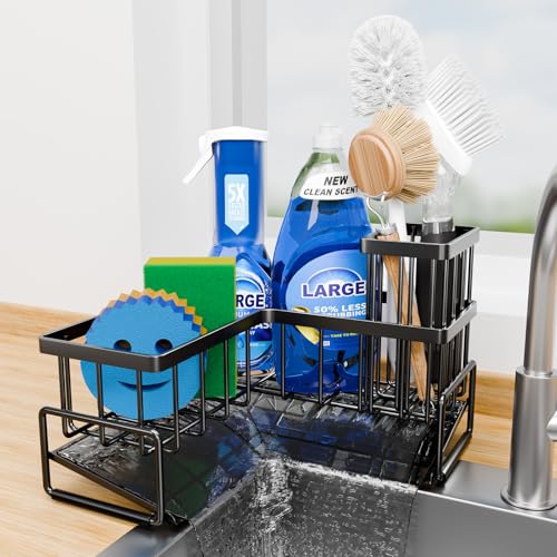 Fikoksol Large Sponge Holder for Kitchen Sink, 90-Degree Sink Caddy Organizer with Dish Brush Holder for Countertop Corner...