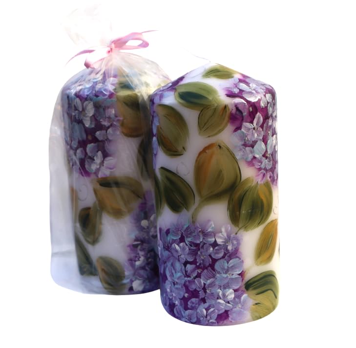 Pretty Decorative Unscented Dripless Romantic Large Tall Decorated White Pillar Flower Candle with Artist Hand Painted Lav...