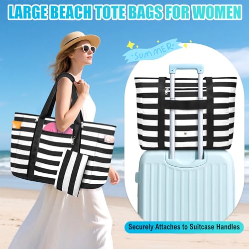 TEUEN Extra Large Beach Bags for Women, Waterproof Sandproof Beach Tote Bag Foldable Swim Pool Bag with Zipper and Wet Pocket
