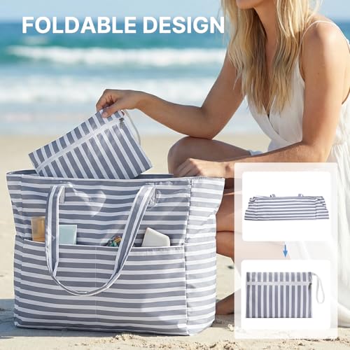 G4Free XL Beach Bag Waterproof Sandproof, Large Foldable Beach Tote with Zipper for Women, Pool Travel Swim Grocery Tote Bag