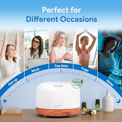 ASAKUKI Essential Oil Diffuser for Home, 500ML Aromatherapy Diffuser Humidifier with Remote Control, 7 Color LED Lights, Q...
