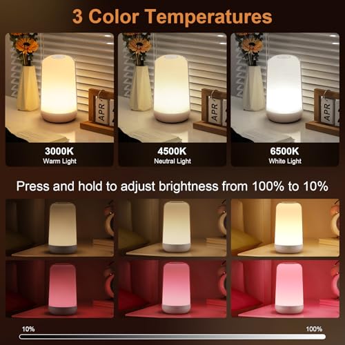 FRIDEKO HOME RGB Touch Bedside Lamp for Nightstand, 3 Color Temperatures Rechargeable Battery Night Light, Dimmable Mood L...