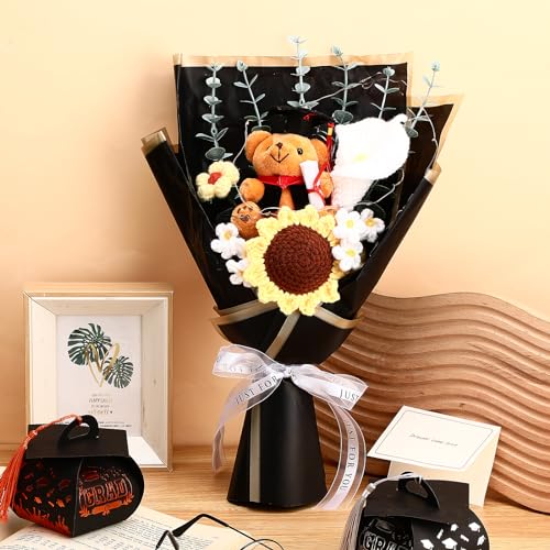 HyDren Graduation Bear Bouquet Handmade Crochet Flower Bouquet Artificial Sunflower Calla Lily Daisy Graduation Flowers Gr...
