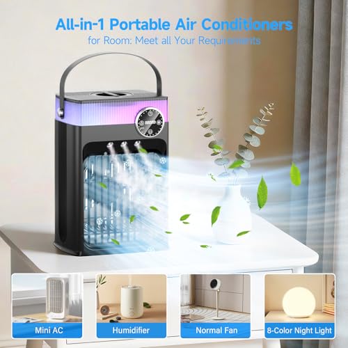 Portable Air Conditioners, 4 in 1 Evaporative Air Cooler with 1200ML Tank, Queit Cooling Fan with Remote Control, 2-8H Tim...