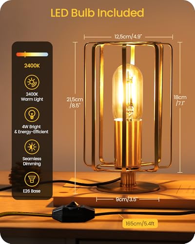 GOEBLESON Industrial Table Lamp, 8.5" Small Brass Table Lamp with Dimmable 2400K Warm Light LED Bulb, Vintage Brass Desk L...