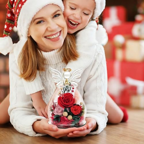 Kemiputi Red Preserved Rose Glass Angel Figurine, Romantic Gifts for Wife Girlfriend, Real Forever Flower I Love You Anniv...