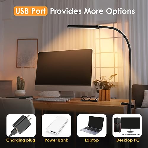 ShineTech LED Desk Lamp with Clamp, Clip On Desk Lamp for Home Office, 3 Color Modes & Stepless Dimming, Flexible Goosenec...
