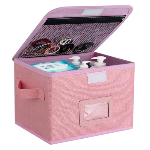 EsmeeSis Small Storage Box, Storage Basket with Lid, Foldable Cotton Linen Fabric Keepsake Box, Organizer Container with Z...