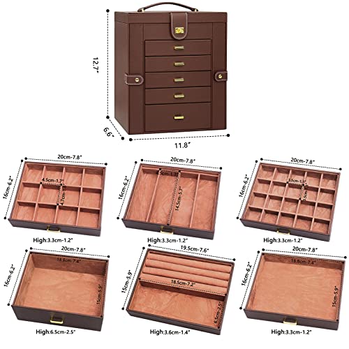 AKOZLIN Extra Large 6-Tier Jewelry Box Organizer with Mirror, 5 Drawers Leather Jewelry Storage Case for Women Girls Ring ...