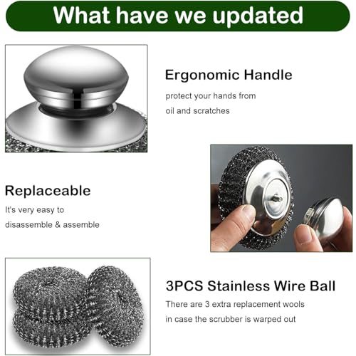 Steel Wool Scrubber with 2 Handles & 3 Replacement Wire Sponge(Scouring Pads) - Stainless Metal Cleaner Heavy Duty Brush f...