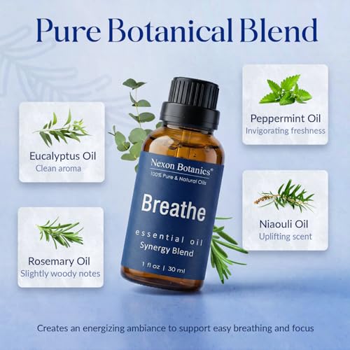 Breathe Essential Oil Blend 30 ml - Breath Sinus Relief with Menthol Oils - for Humidifiers, Diffusers, and Aromatherapy -...