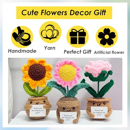 3PCS Adorable Crochet Sunflower/Rose/Daisy,Handmade Knitted Flowers,Crochet Potted Plant,Thank you for Gift,Thank you Gift...