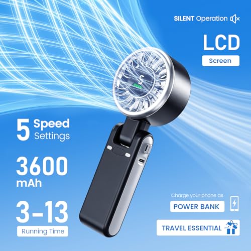 AWOAWO Portable Handheld Fan, 5 Gear Wind, Battery Operated, Up to 13 Working Hours, Mini Personal Hand Fan Blow Cold Air ...