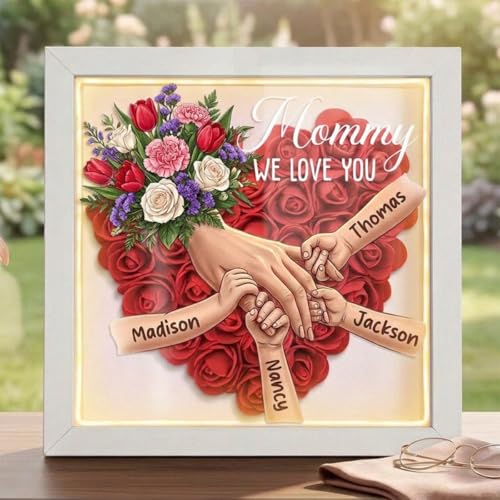 Personalized Mommy Holding Hands Shadow Box Custom Mom or Grandma Flower Shadow Box Frame with Kids Names Hand in Hand Des...