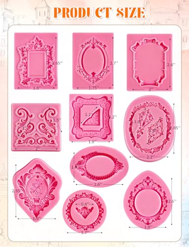 10 PCS Photo Frame Fondant Molds, Mini Photo Frame Silicone Molds Baroque Style Vintage Frame Molds for Cupcake Topper Cak...